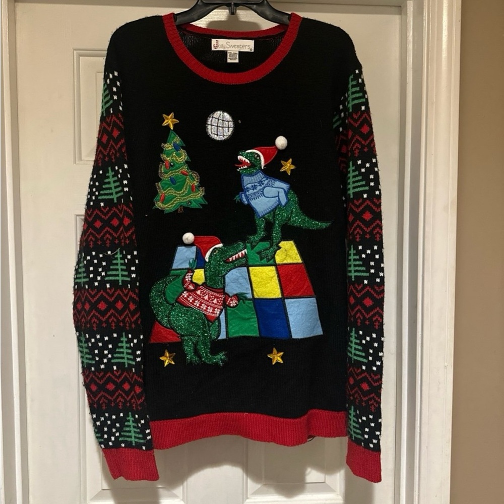 Jolly Sweaters TRex Ugly/Fun Christmas Mens XXL Black Pullover Dinosaur Holiday